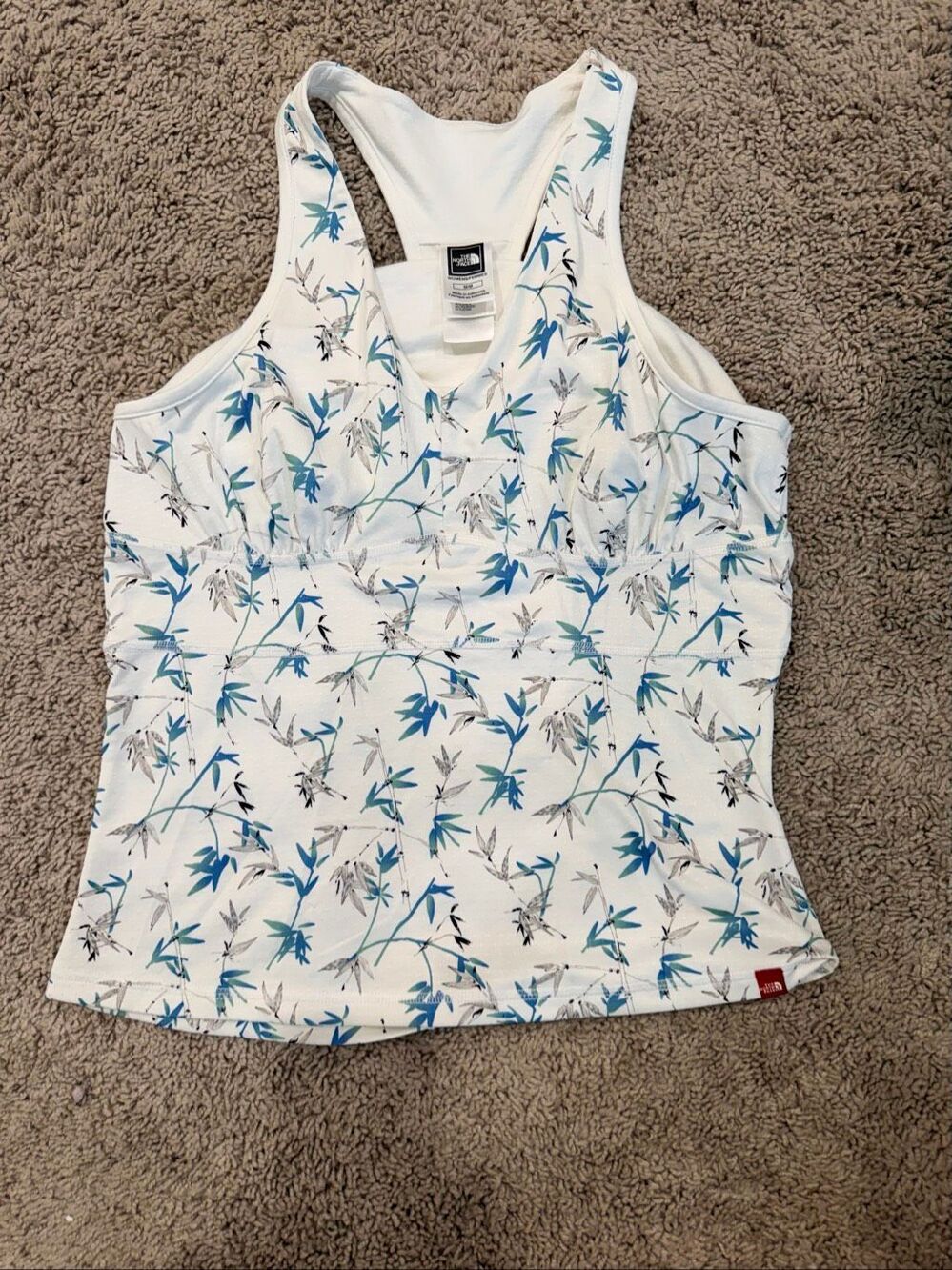 The North Face Women Floral Built In Bra Racerback Tank Top White Blue Sz M